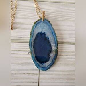Blue Dyed Agate Geode Druzy Slice Pendant Necklace Gold Tone 30”